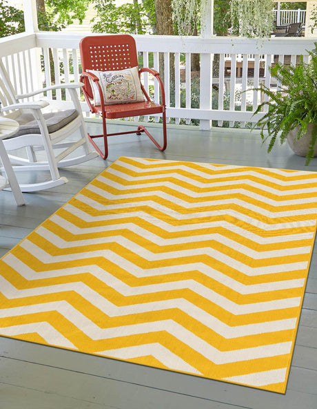 Yellow 5' 3 x 8' Outdoor Coastal Rectangle Area Rug Weather Resistant for Patio, Deck, Terrace, Balcony, Porch