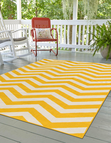 Yellow 7' 10 x 10' Outdoor Coastal Rectangle Area Rug Weather Resistant for Patio, Deck, Terrace, Balcony, Porch