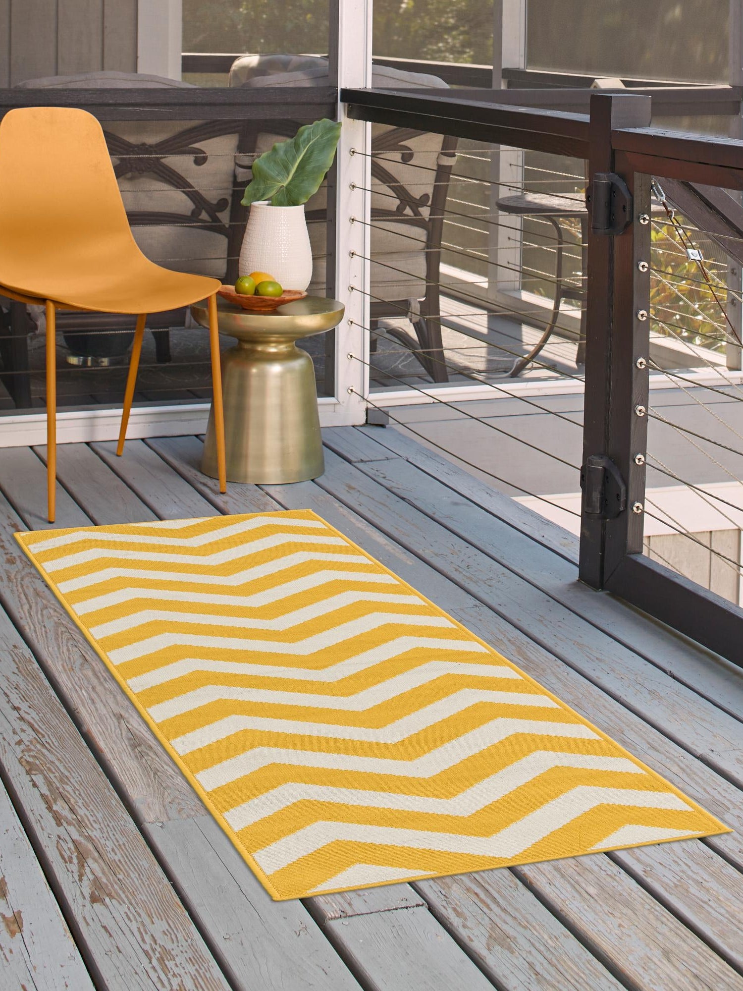 Yellow 2' x 6' 1 Outdoor Coastal Runner Area Rug Weather Resistant for Patio, Deck, Terrace, Balcony, Porch 100% Polypropylene Coastal Decor Carpet for Sale at Rug Engine
