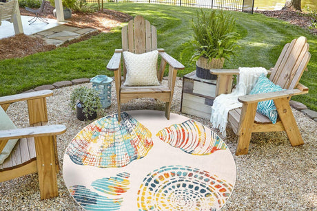 Multicolor 7' 1 x 7' 1 Outdoor Coastal Round Area Rug Weather Resistant for Patio, Deck, Terrace, Balcony, Porch