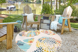 Multicolor 7' 1 x 7' 1 Outdoor Coastal Round Area Rug Weather Resistant for Patio, Deck, Terrace, Balcony, Porch
