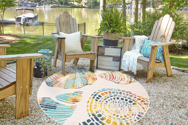 Multicolor 7' 1 x 7' 1 Outdoor Coastal Round Area Rug Weather Resistant for Patio, Deck, Terrace, Balcony, Porch