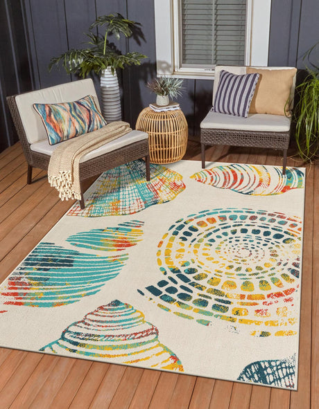 Multicolor 7' 10 x 10' Outdoor Coastal Rectangle Area Rug Weather Resistant for Patio, Deck, Terrace, Balcony, Porch