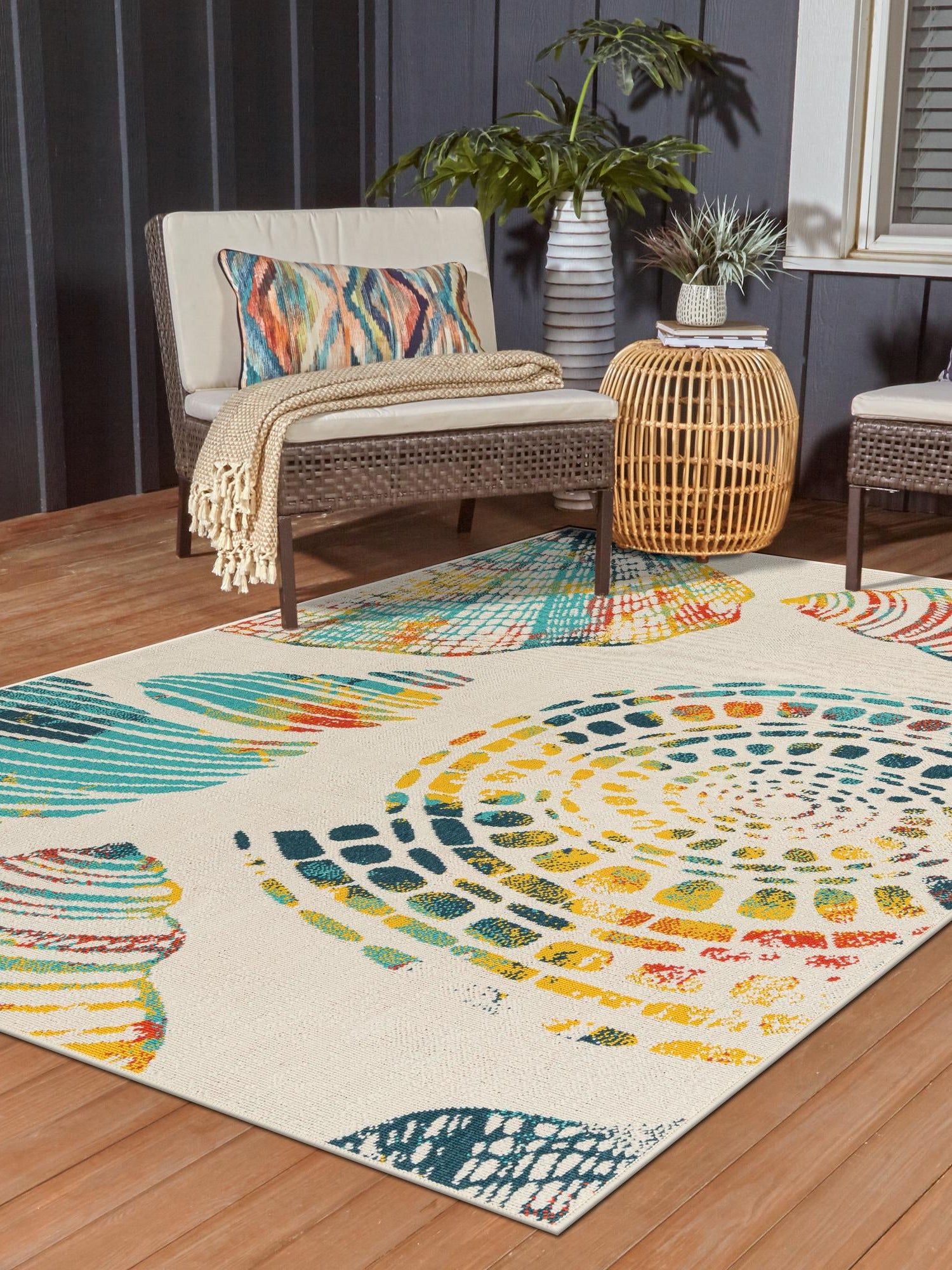 Multicolor 5' 3 x 8' Outdoor Coastal Rectangle Area Rug Weather Resistant for Patio, Deck, Terrace, Balcony, Porch 100% Polypropylene Coastal Decor Carpet for Sale at Rug Engine