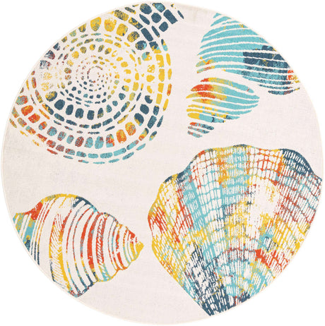 Multicolor 7' 1 x 7' 1 Outdoor Coastal Round Area Rug Weather Resistant for Patio, Deck, Terrace, Balcony, Porch