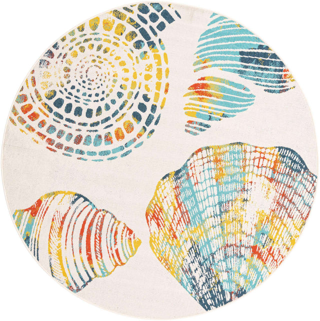 Multicolor 7' 1 x 7' 1 Outdoor Coastal Round Area Rug Weather Resistant for Patio, Deck, Terrace, Balcony, Porch