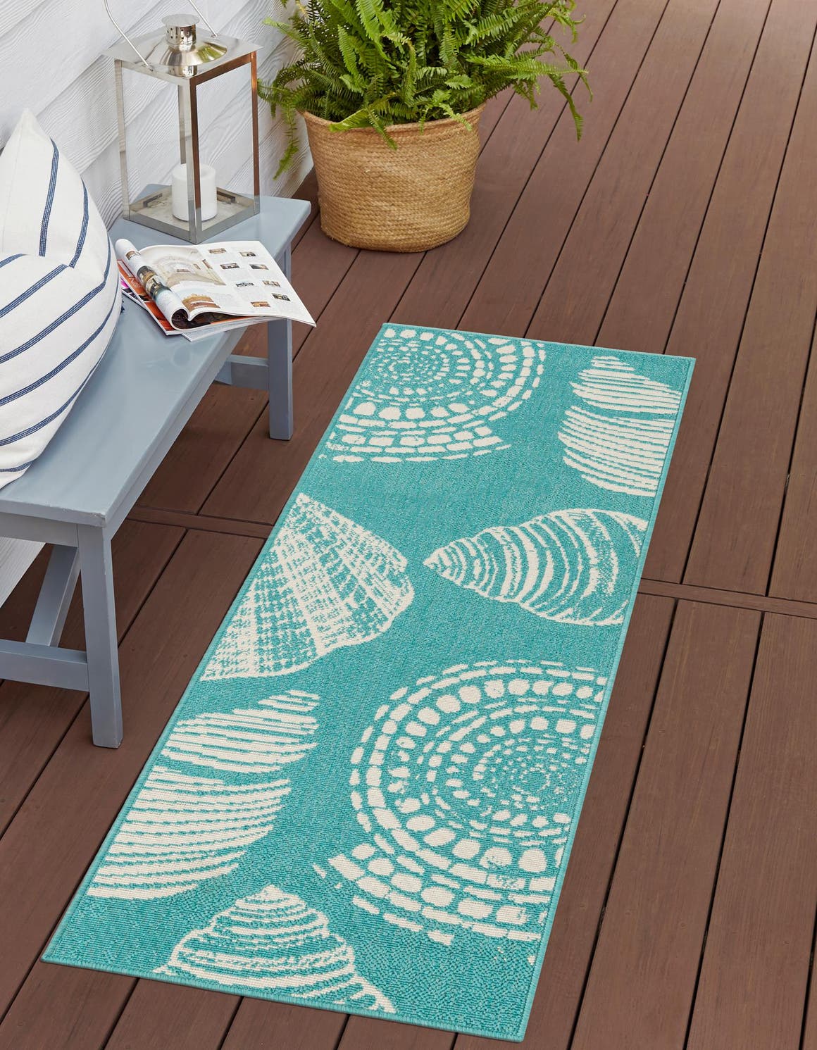 Teal 2' x 6' 1 Outdoor Coastal Runner Area Rug Weather Resistant for Patio, Deck, Terrace, Balcony, Porch 100% Polypropylene Coastal Decor Carpet for Sale at Rug Engine