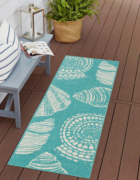 Teal 2' x 6' 1 Outdoor Coastal Runner Area Rug Weather Resistant for Patio, Deck, Terrace, Balcony, Porch