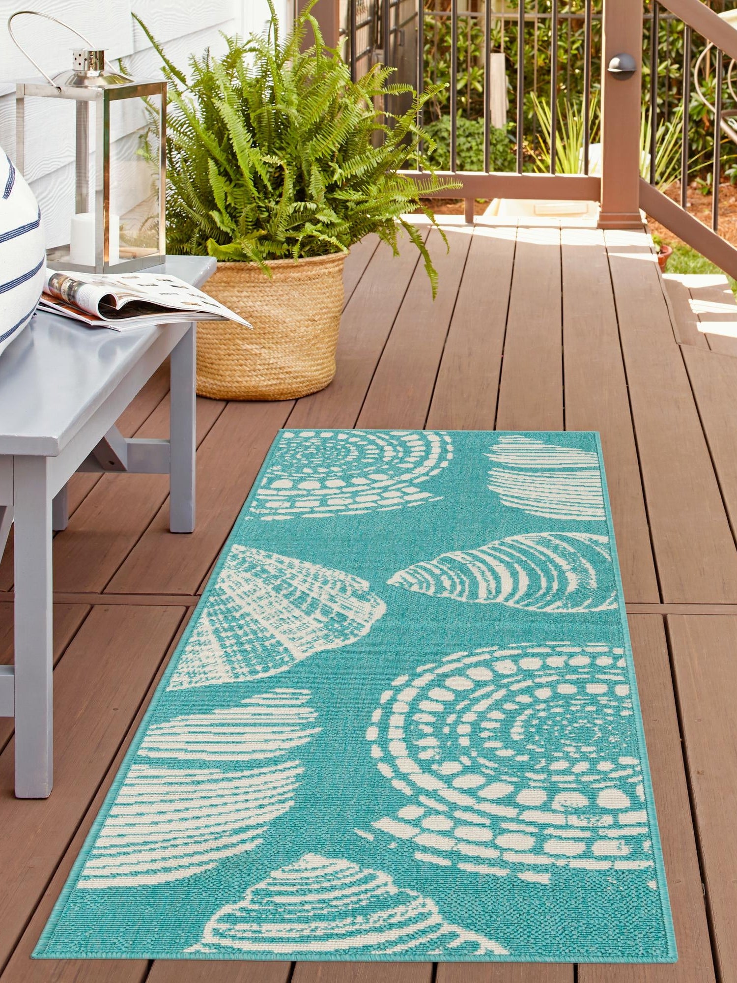 Teal 2' x 6' 1 Outdoor Coastal Runner Area Rug Weather Resistant for Patio, Deck, Terrace, Balcony, Porch 100% Polypropylene Coastal Decor Carpet for Sale at Rug Engine