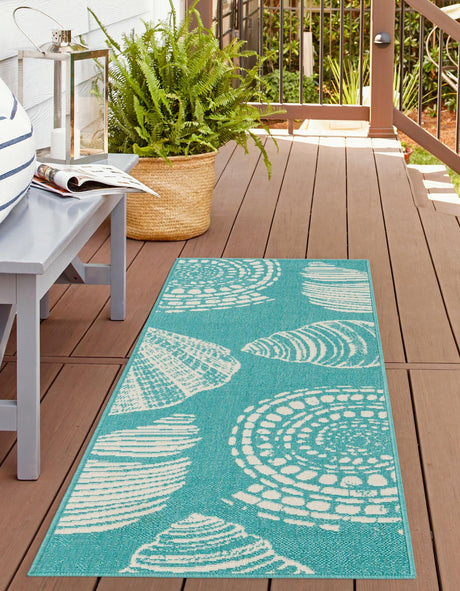 Teal 2' x 6' 1 Outdoor Coastal Runner Area Rug Weather Resistant for Patio, Deck, Terrace, Balcony, Porch