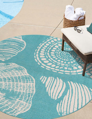 Teal 7' 1 x 7' 1 Outdoor Coastal Round Area Rug Weather Resistant for Patio, Deck, Terrace, Balcony, Porch 100% Polypropylene Coastal Decor Carpet for Sale at Rug Engine