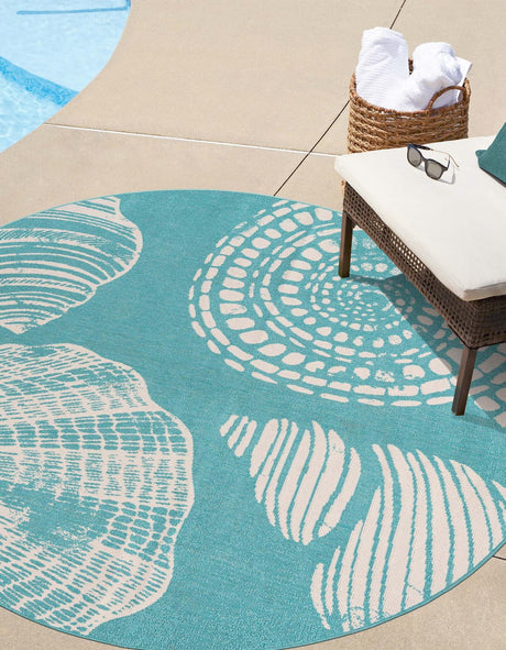 Teal 4' 1 x 4' 1 Outdoor Coastal Round Area Rug Weather Resistant for Patio, Deck, Terrace, Balcony, Porch