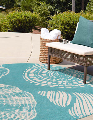 Teal 7' 1 x 7' 1 Outdoor Coastal Round Area Rug Weather Resistant for Patio, Deck, Terrace, Balcony, Porch 100% Polypropylene Coastal Decor Carpet for Sale at Rug Engine