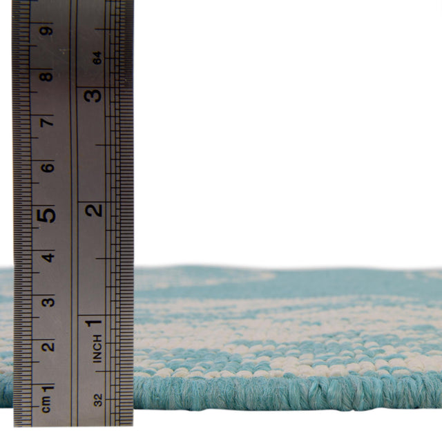 Teal 4' 1 x 4' 1 Outdoor Coastal Round Area Rug Weather Resistant for Patio, Deck, Terrace, Balcony, Porch
