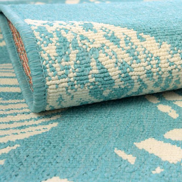 Teal 4' 1 x 4' 1 Outdoor Coastal Round Area Rug Weather Resistant for Patio, Deck, Terrace, Balcony, Porch
