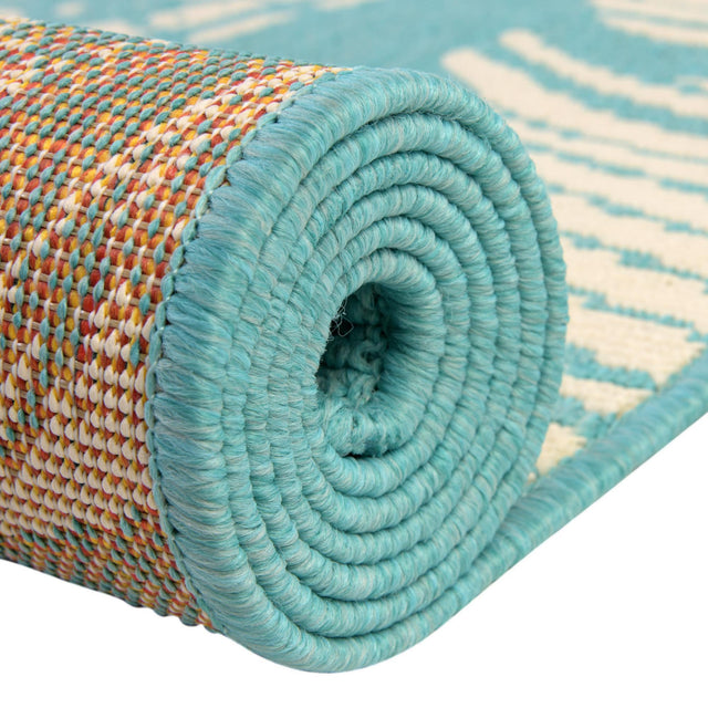 Teal 4' 1 x 4' 1 Outdoor Coastal Round Area Rug Weather Resistant for Patio, Deck, Terrace, Balcony, Porch