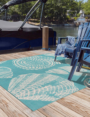 Teal 7' 10 x 7' 10 Outdoor Coastal Square Area Rug Weather Resistant for Patio, Deck, Terrace, Balcony, Porch