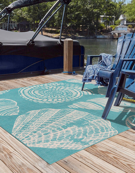 Teal 7' 10 x 7' 10 Outdoor Coastal Square Area Rug Weather Resistant for Patio, Deck, Terrace, Balcony, Porch