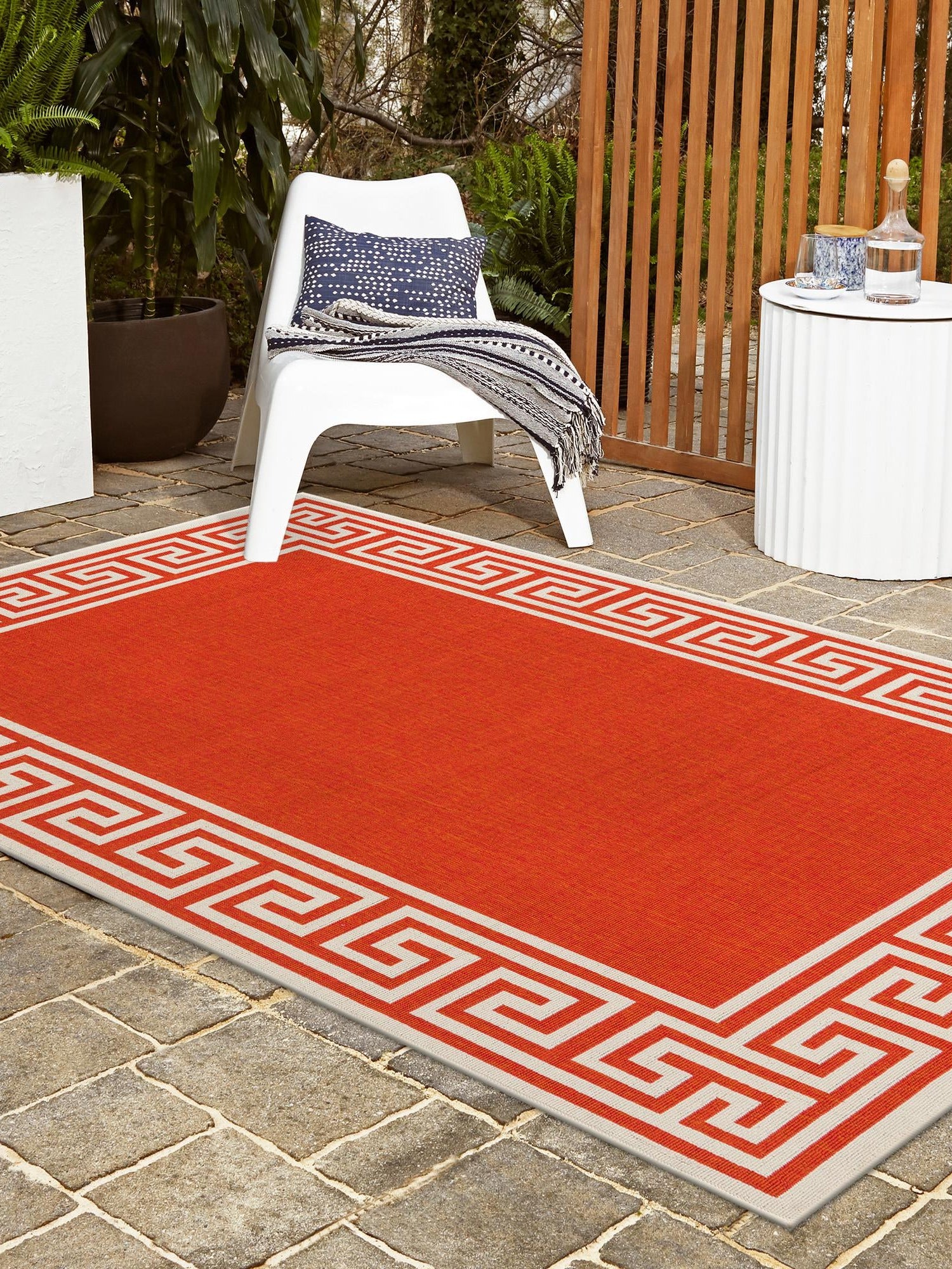 Rust Red 7' 10 x 10' Outdoor Coastal Rectangle Area Rug Weather Resistant for Patio, Deck, Terrace, Balcony, Porch 100% Polypropylene Coastal Decor Carpet for Sale at Rug Engine