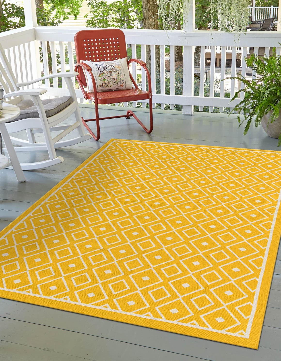 Yellow 9' x 12' Outdoor Trellis Rectangle Area Rug Weather Resistant for Patio, Deck, Terrace, Balcony, Porch Geometric Design Water Safe Outside Carpet for Sale at Rug Engine