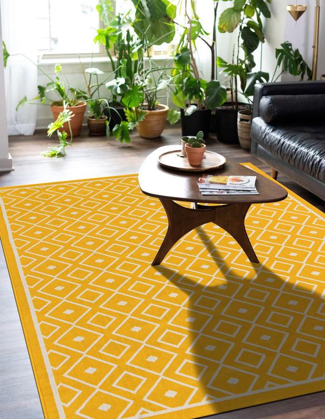 Yellow 8' x 10' Outdoor Trellis Rectangle Area Rug Weather Resistant for Patio, Deck, Terrace, Balcony, Porch Geometric Design Water Safe Outside Carpet for Sale at Rug Engine