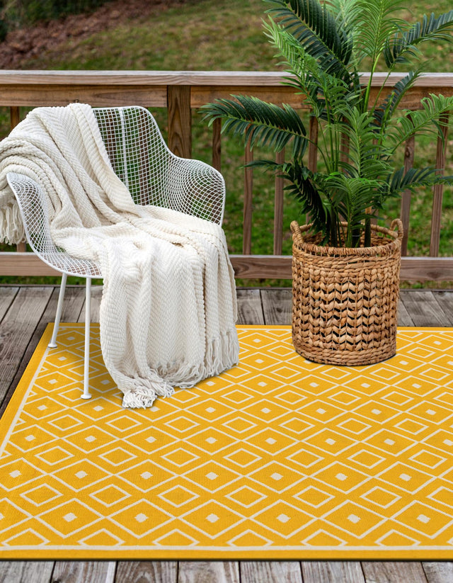 Yellow 8' x 10' Outdoor Trellis Rectangle Area Rug Weather Resistant for Patio, Deck, Terrace, Balcony, Porch Geometric Design Water Safe Outside Carpet for Sale at Rug Engine