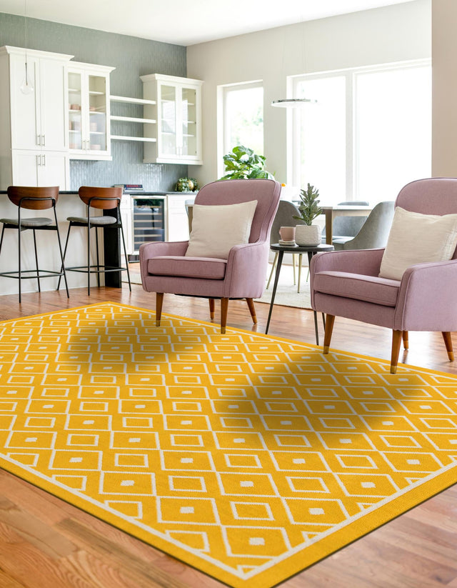 Yellow 8' x 10' Outdoor Trellis Rectangle Area Rug Weather Resistant for Patio, Deck, Terrace, Balcony, Porch Geometric Design Water Safe Outside Carpet for Sale at Rug Engine