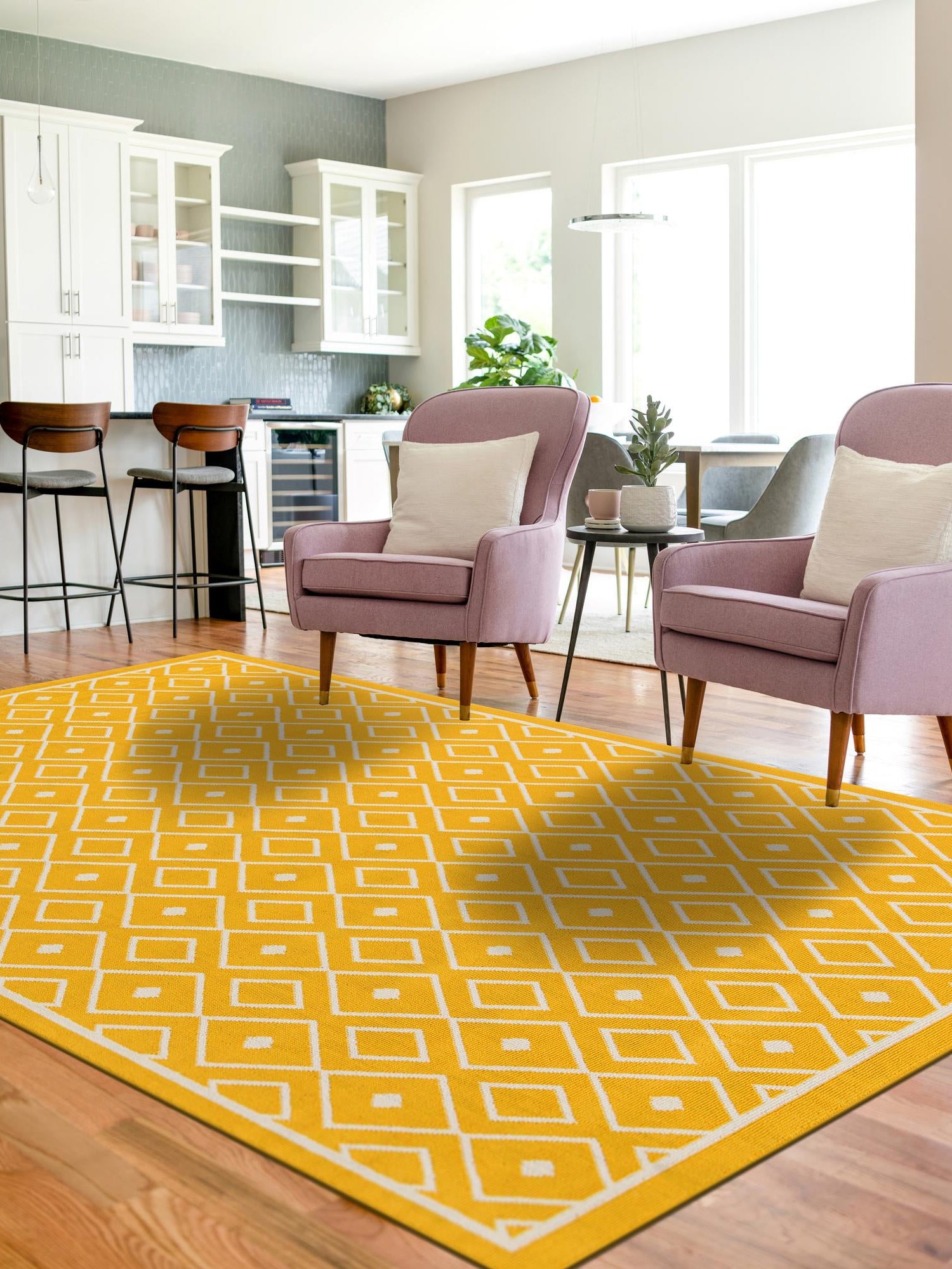 Yellow 9' x 12' Outdoor Trellis Rectangle Area Rug Weather Resistant for Patio, Deck, Terrace, Balcony, Porch Geometric Design Water Safe Outside Carpet for Sale at Rug Engine