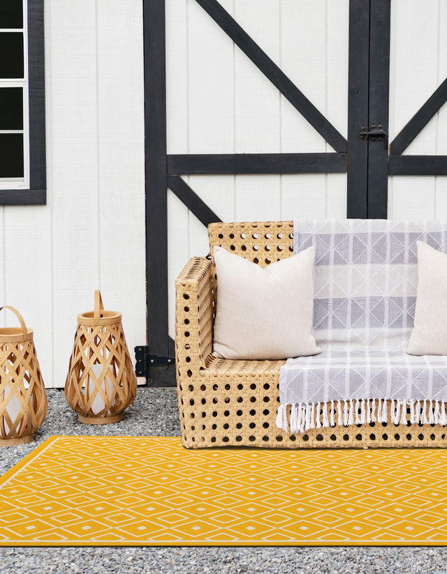 Yellow 8' x 10' Outdoor Trellis Rectangle Area Rug Weather Resistant for Patio, Deck, Terrace, Balcony, Porch Geometric Design Water Safe Outside Carpet for Sale at Rug Engine