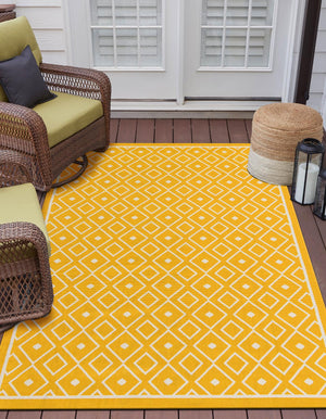 Yellow 8' x 10' Outdoor Trellis Rectangle Area Rug Weather Resistant for Patio, Deck, Terrace, Balcony, Porch Geometric Design Water Safe Outside Carpet for Sale at Rug Engine