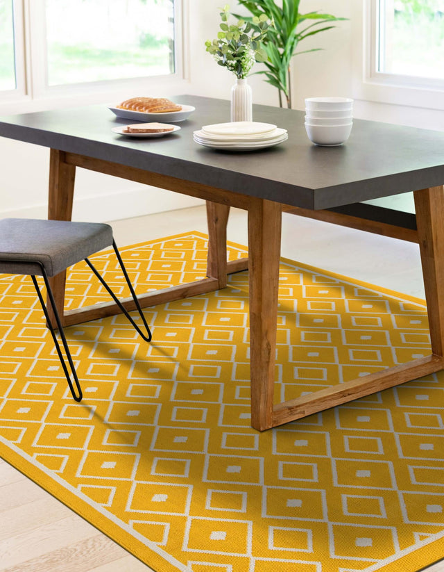 Yellow 8' x 10' Outdoor Trellis Rectangle Area Rug Weather Resistant for Patio, Deck, Terrace, Balcony, Porch Geometric Design Water Safe Outside Carpet for Sale at Rug Engine