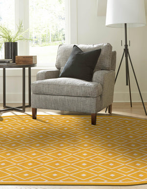 Yellow 7' 10 x 10' Outdoor Trellis Oval Area Rug Weather Resistant for Patio, Deck, Terrace, Balcony, Porch Geometric Design Water Safe Outside Carpet for Sale at Rug Engine