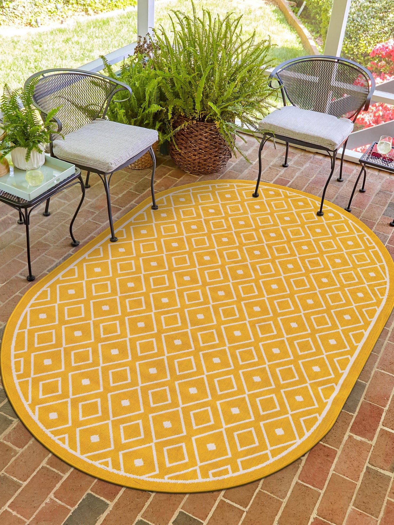 Yellow 7' 10 x 10' Outdoor Trellis Oval Area Rug Weather Resistant for Patio, Deck, Terrace, Balcony, Porch Geometric Design Water Safe Outside Carpet for Sale at Rug Engine
