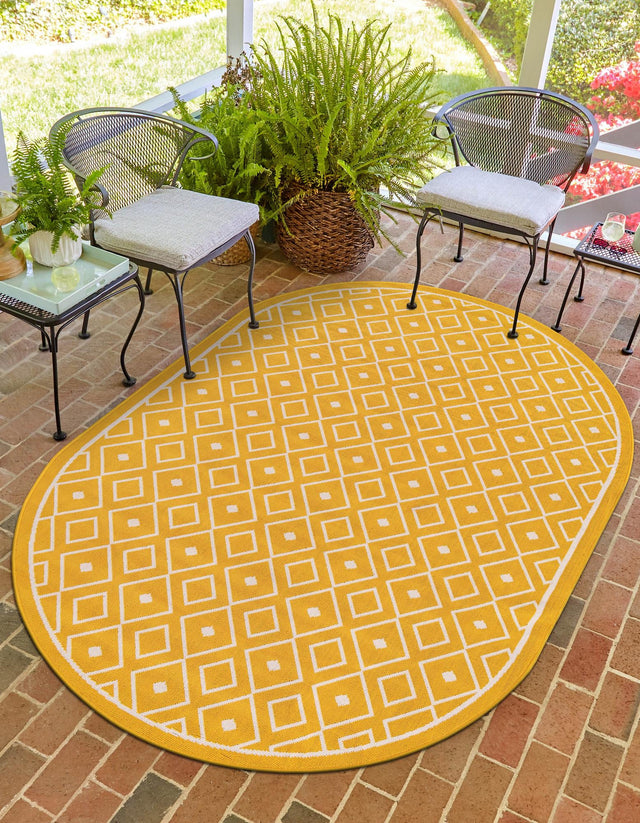 Yellow 7' 10 x 10' Outdoor Trellis Oval Area Rug Weather Resistant for Patio, Deck, Terrace, Balcony, Porch Geometric Design Water Safe Outside Carpet for Sale at Rug Engine