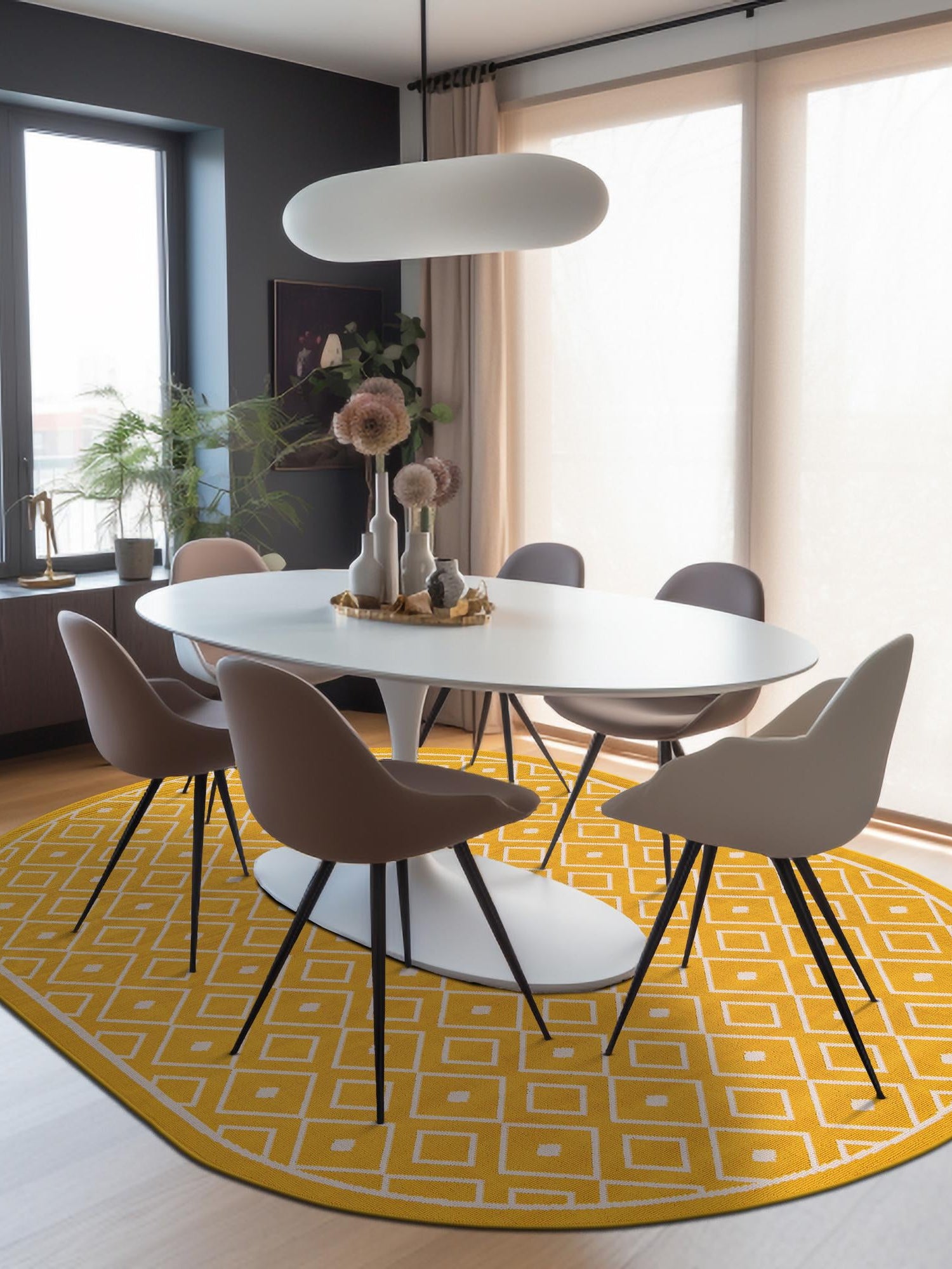 Yellow 7' 10 x 10' Outdoor Trellis Oval Area Rug Weather Resistant for Patio, Deck, Terrace, Balcony, Porch Geometric Design Water Safe Outside Carpet for Sale at Rug Engine