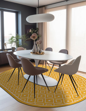 Yellow 7' 10 x 10' Outdoor Trellis Oval Area Rug Weather Resistant for Patio, Deck, Terrace, Balcony, Porch Geometric Design Water Safe Outside Carpet for Sale at Rug Engine