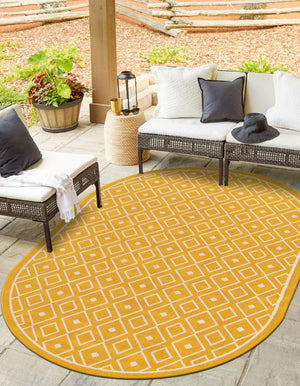 Yellow 7' 10 x 10' Outdoor Trellis Oval Area Rug Weather Resistant for Patio, Deck, Terrace, Balcony, Porch Geometric Design Water Safe Outside Carpet for Sale at Rug Engine