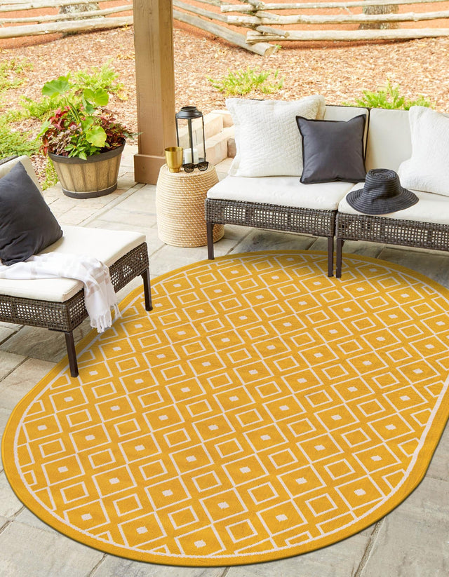 Yellow 7' 10 x 10' Outdoor Trellis Oval Area Rug Weather Resistant for Patio, Deck, Terrace, Balcony, Porch Geometric Design Water Safe Outside Carpet for Sale at Rug Engine