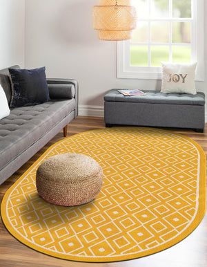 Yellow 7' 10 x 10' Outdoor Trellis Oval Area Rug Weather Resistant for Patio, Deck, Terrace, Balcony, Porch Geometric Design Water Safe Outside Carpet for Sale at Rug Engine