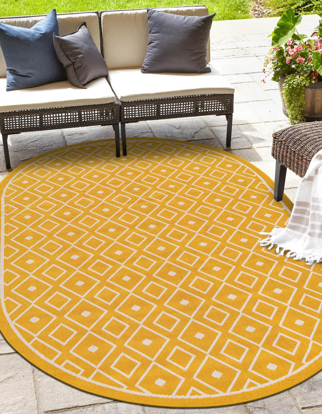 Yellow 7' 10 x 10' Outdoor Trellis Oval Area Rug Weather Resistant for Patio, Deck, Terrace, Balcony, Porch Geometric Design Water Safe Outside Carpet for Sale at Rug Engine