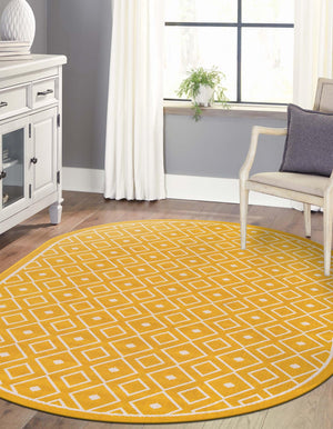 Yellow 7' 10 x 10' Outdoor Trellis Oval Area Rug Weather Resistant for Patio, Deck, Terrace, Balcony, Porch Geometric Design Water Safe Outside Carpet for Sale at Rug Engine