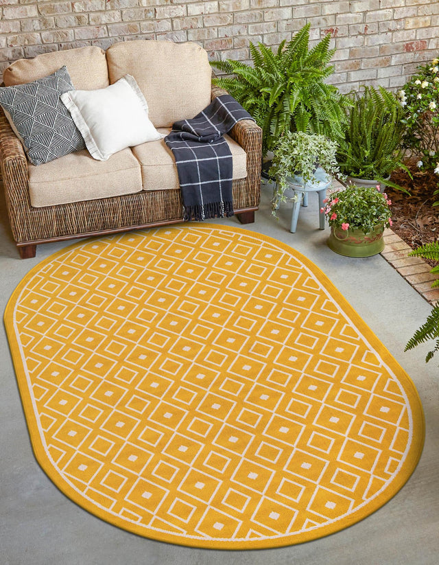 Yellow 7' 10 x 10' Outdoor Trellis Oval Area Rug Weather Resistant for Patio, Deck, Terrace, Balcony, Porch Geometric Design Water Safe Outside Carpet for Sale at Rug Engine