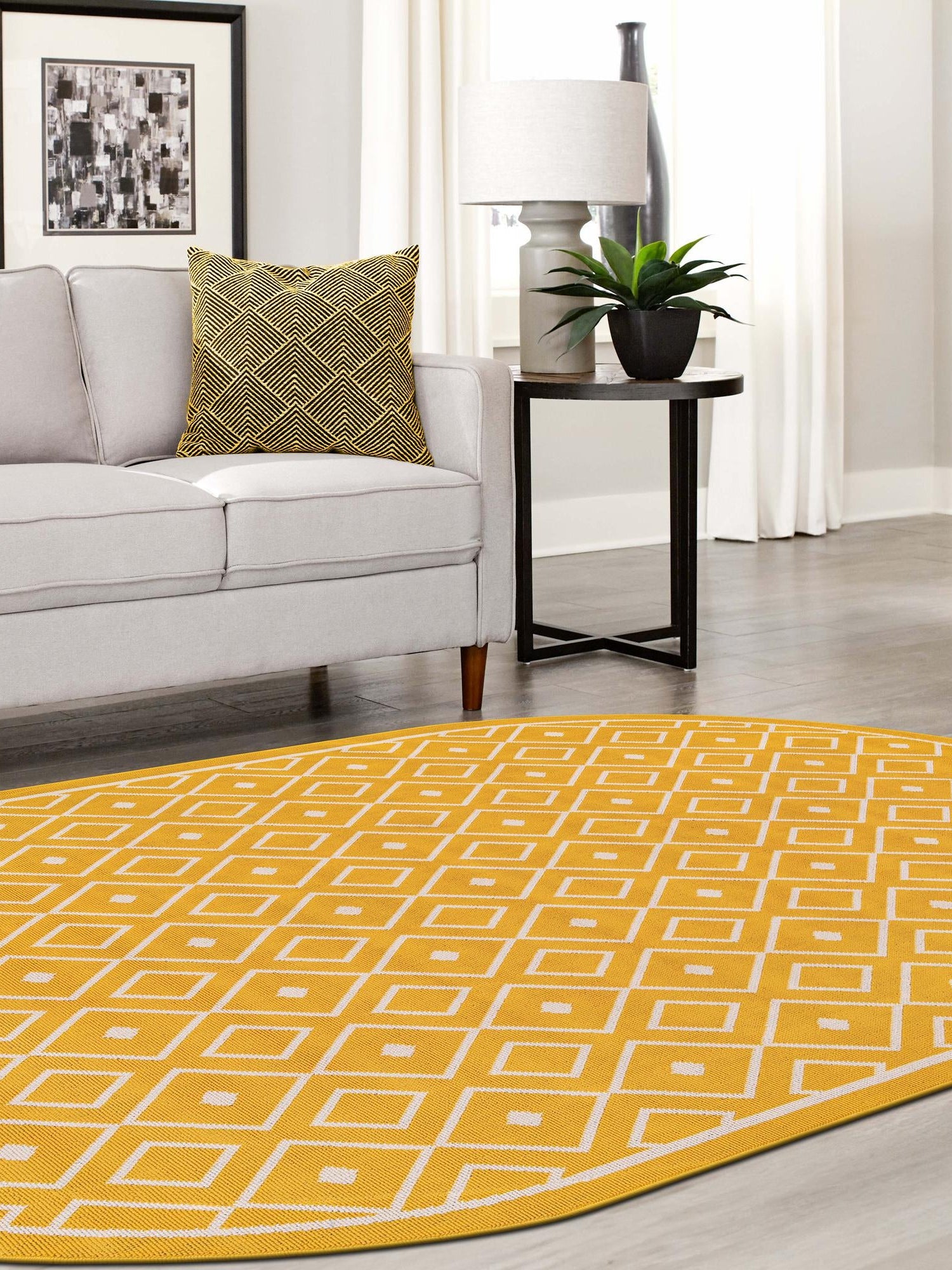 Yellow 7' 10 x 10' Outdoor Trellis Oval Area Rug Weather Resistant for Patio, Deck, Terrace, Balcony, Porch Geometric Design Water Safe Outside Carpet for Sale at Rug Engine