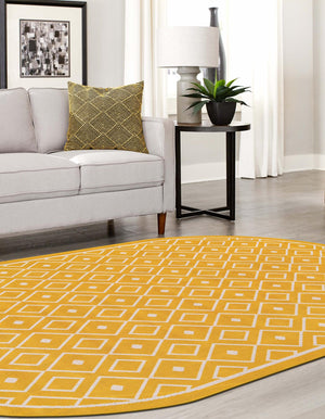 Yellow 7' 10 x 10' Outdoor Trellis Oval Area Rug Weather Resistant for Patio, Deck, Terrace, Balcony, Porch Geometric Design Water Safe Outside Carpet for Sale at Rug Engine