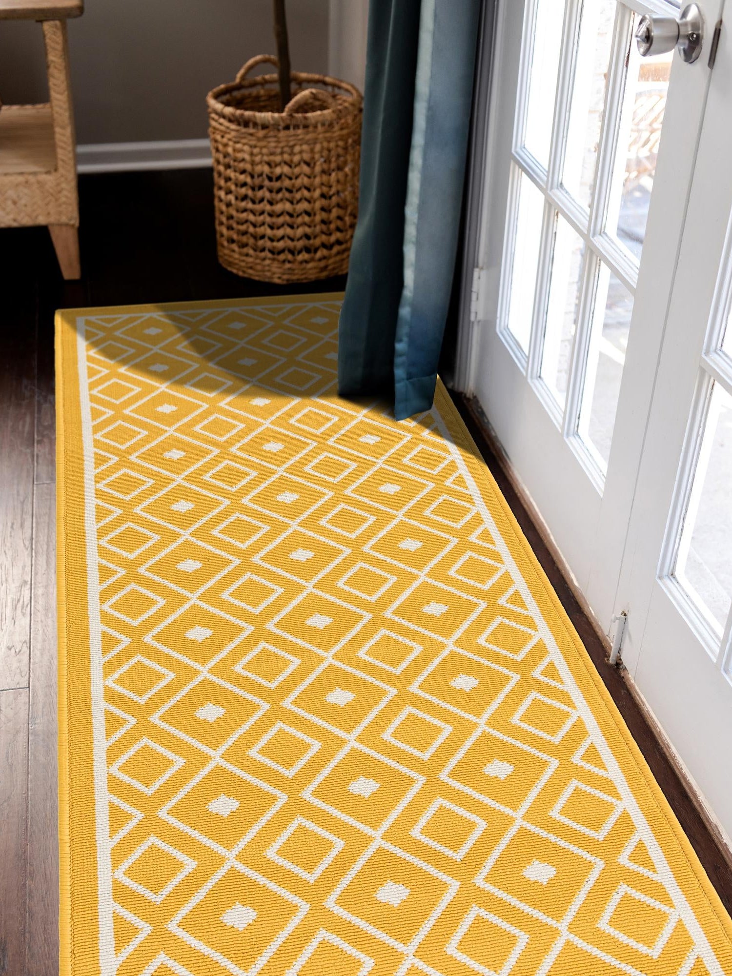Yellow 2' x 8' Outdoor Trellis Runner Area Rug Weather Resistant for Patio, Deck, Terrace, Balcony, Porch Geometric Design Water Safe Outside Carpet for Sale at Rug Engine