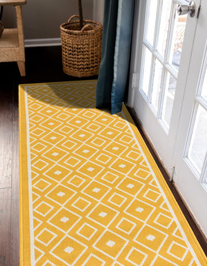 Yellow 2' x 8' Outdoor Trellis Runner Area Rug Weather Resistant for Patio, Deck, Terrace, Balcony, Porch Geometric Design Water Safe Outside Carpet for Sale at Rug Engine
