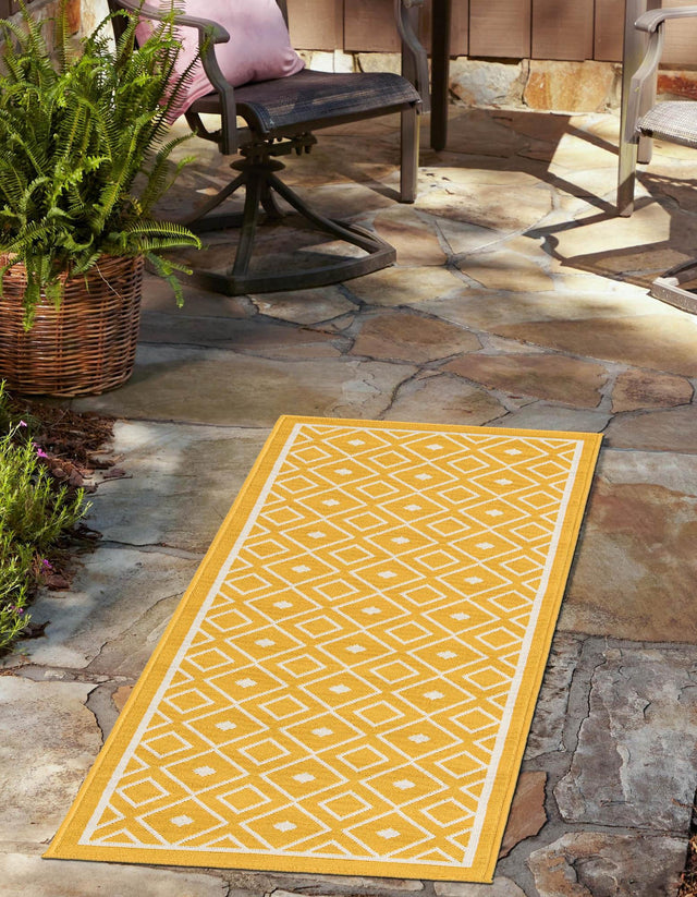 Yellow 2' x 8' Outdoor Trellis Runner Area Rug Weather Resistant for Patio, Deck, Terrace, Balcony, Porch Geometric Design Water Safe Outside Carpet for Sale at Rug Engine