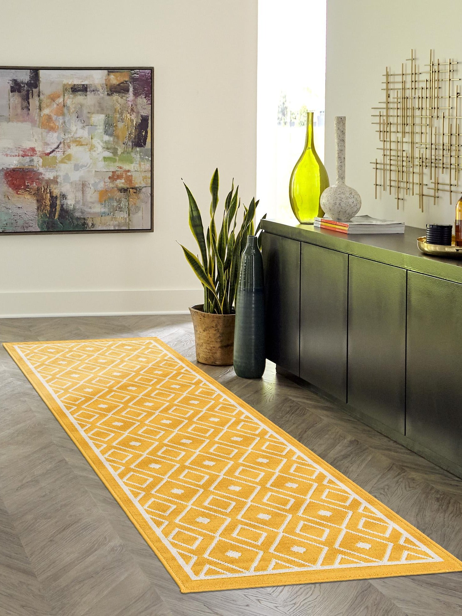 Yellow 2' x 8' Outdoor Trellis Runner Area Rug Weather Resistant for Patio, Deck, Terrace, Balcony, Porch Geometric Design Water Safe Outside Carpet for Sale at Rug Engine
