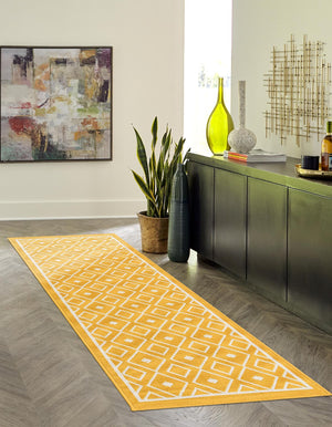 Yellow 2' x 8' Outdoor Trellis Runner Area Rug Weather Resistant for Patio, Deck, Terrace, Balcony, Porch Geometric Design Water Safe Outside Carpet for Sale at Rug Engine