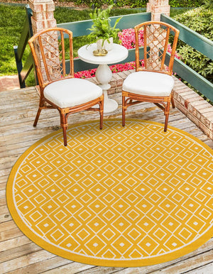 Yellow 7' 1 x 7' 1 Outdoor Trellis Round Area Rug Weather Resistant for Patio, Deck, Terrace, Balcony, Porch Geometric Design Water Safe Outside Carpet for Sale at Rug Engine